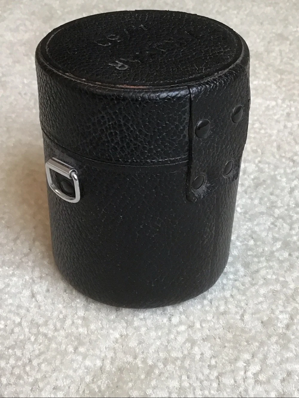 Vintage Takumar Black Textured Leather Lens Case, 3 1/2” tall x 2 3/4” wide